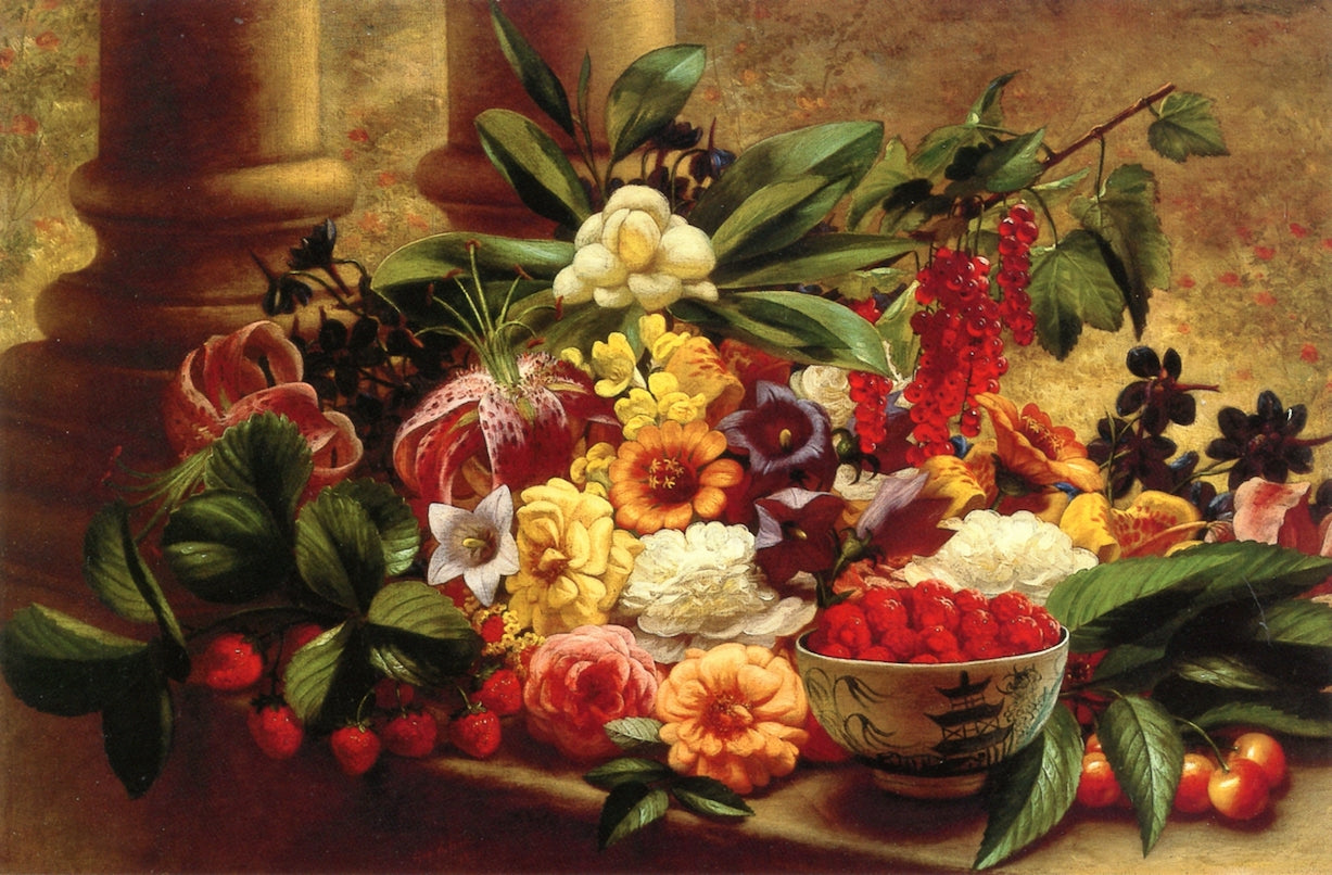 Still Life with Bowl of Raspberries, vintage artwork by George Henry Hall, 12x8" (A4) Poster