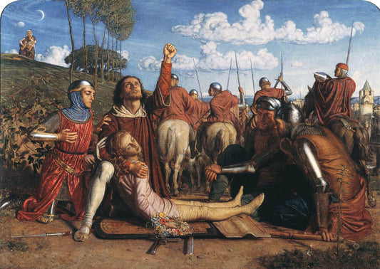Rienzi vowing to obtain justice for the death of his young brother, slain in a skirmish between the Colonna and the Orsini factions, vintage artwork by William Holman Hunt, 12x8" (A4) Poster
