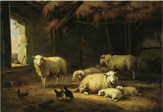Sheep and Chickens in a Barn, vintage artwork by Eugene Verboeckhoven, A3 (16x12") Poster Print
