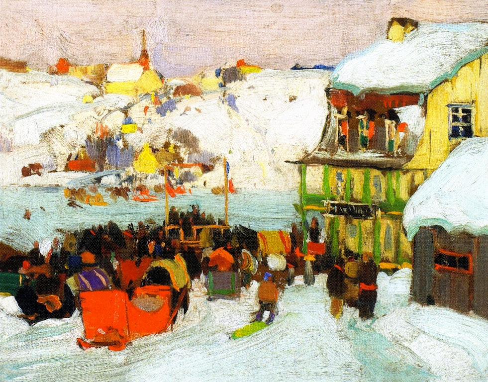 Horse Races in Winter, vintage artwork by Clarence Gagnon, 12x8" (A4) Poster