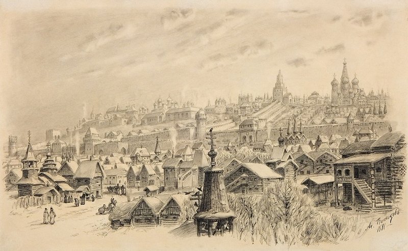 Moscow in the XVI Century, vintage artwork by Apollinari Vasnetsov, 12x8" (A4) Poster