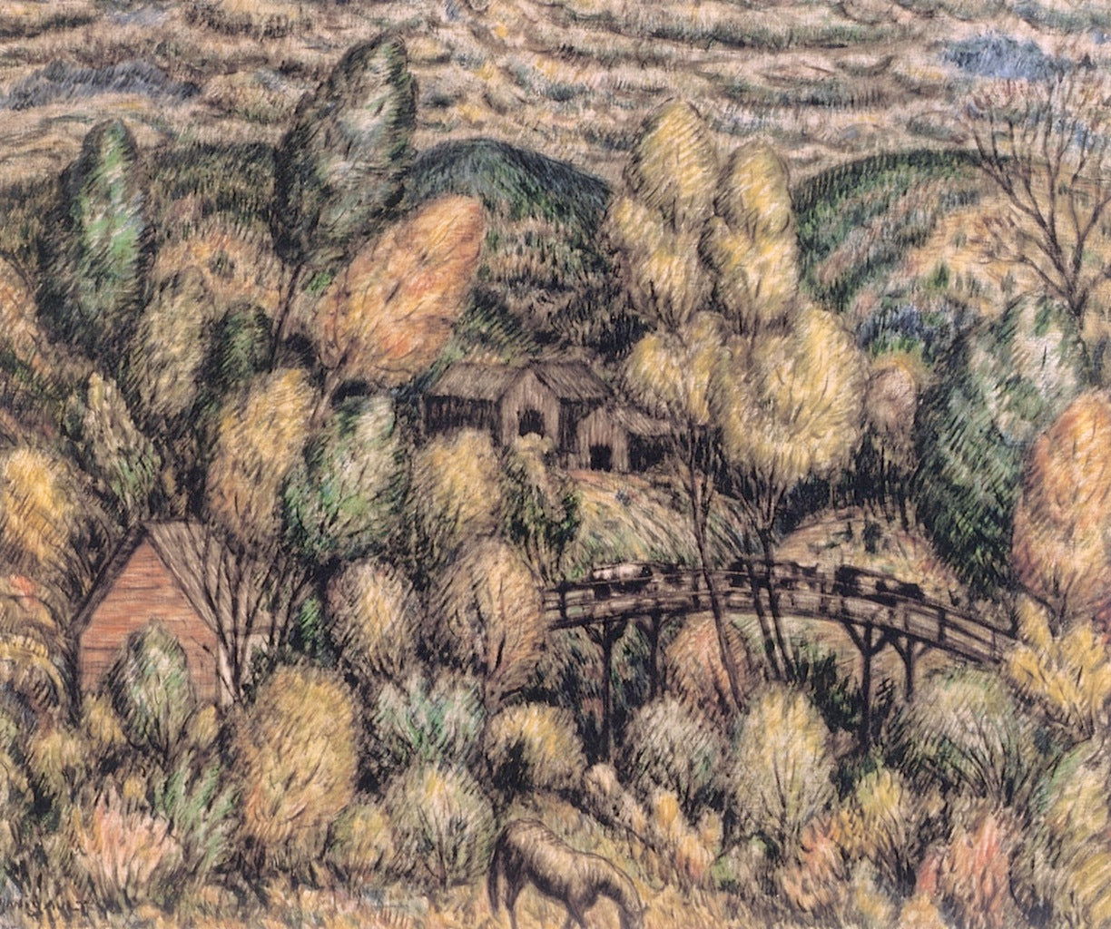 Landscape with Bridge and White Horse, vintage artwork by Middleton Manigault, 12x8" (A4) Poster