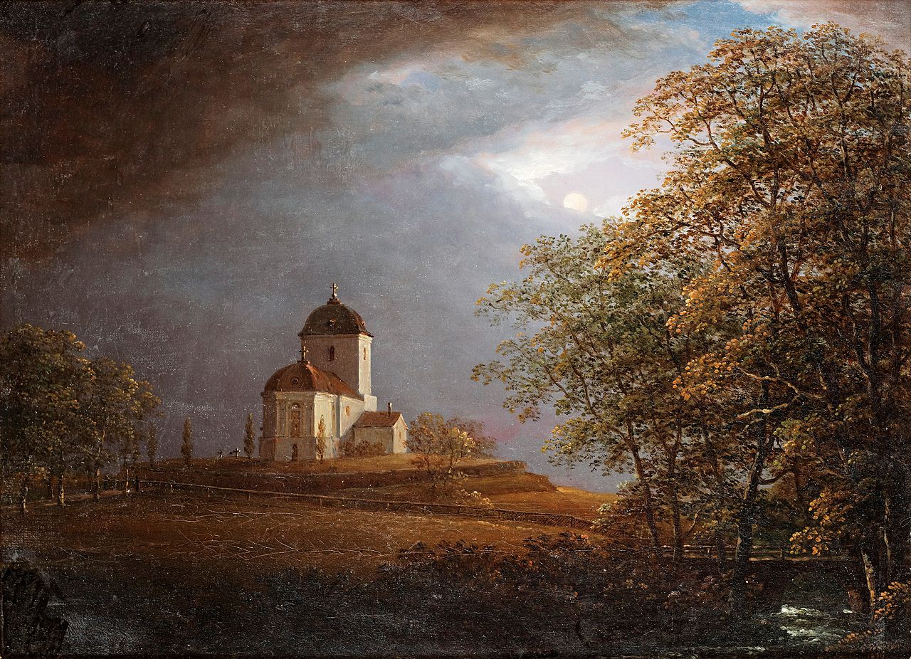 View of Andrarums Church, vintage artwork by Carl Johan Fahlcrantz, 12x8" (A4) Poster