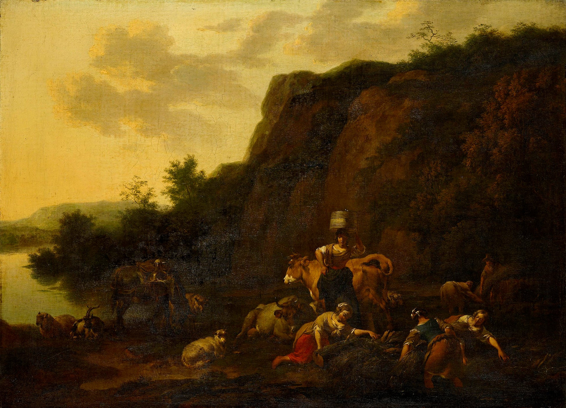 Landscape with a Milkmaid and Women Gathering Reeds, vintage artwork by Nicolaes Berchem, 12x8" (A4) Poster