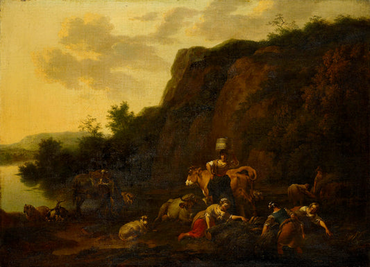 Landscape with a Milkmaid and Women Gathering Reeds, vintage artwork by Nicolaes Berchem, 12x8" (A4) Poster