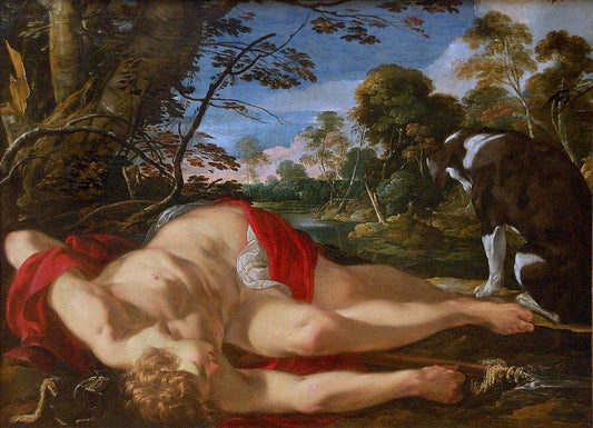 Dead Adonis with his Dog, vintage artwork by Laurent de La Hyre, 12x8" (A4) Poster