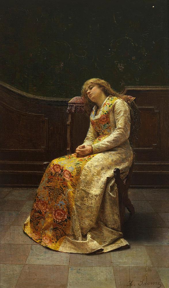 Girl in Brocade Dress, Sitting, vintage artwork by Alfonso Savini, 12x8" (A4) Poster