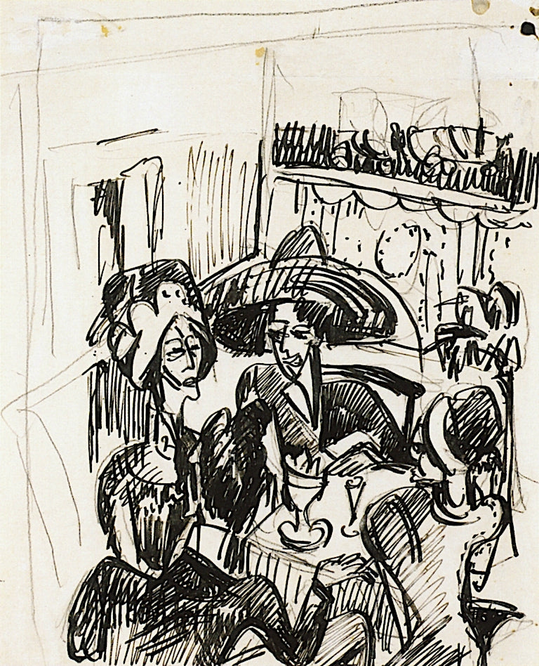 Conversation on a Cafe, vintage artwork by Ernst Ludwig Kirchner, 12x8" (A4) Poster