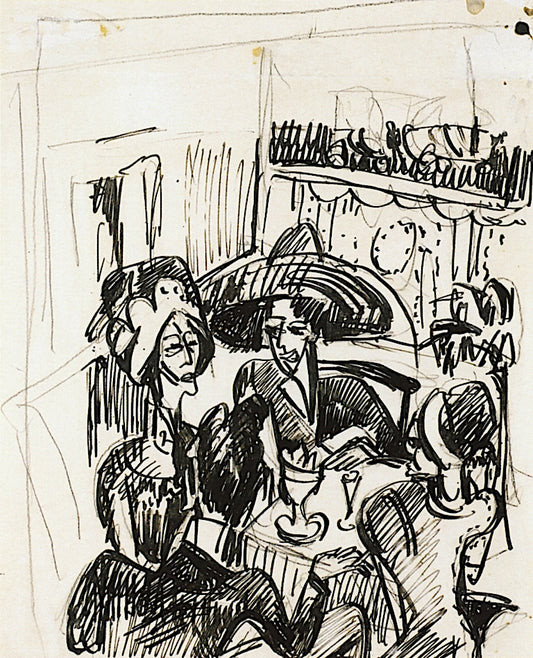 Conversation on a Cafe, vintage artwork by Ernst Ludwig Kirchner, 12x8" (A4) Poster