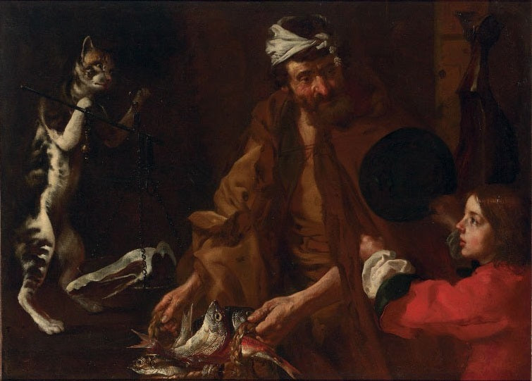 A fishmonger with a boy and a cat weighing ham, vintage artwork by Eberhart Keilhau, 12x8" (A4) Poster