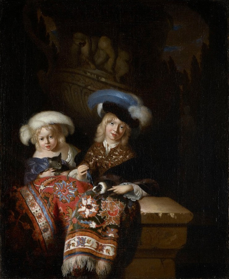 A Boy and a Girl with a Guinea-Pig and a Kitten, vintage artwork by Adriaen van der Werff, 12x8" (A4) Poster