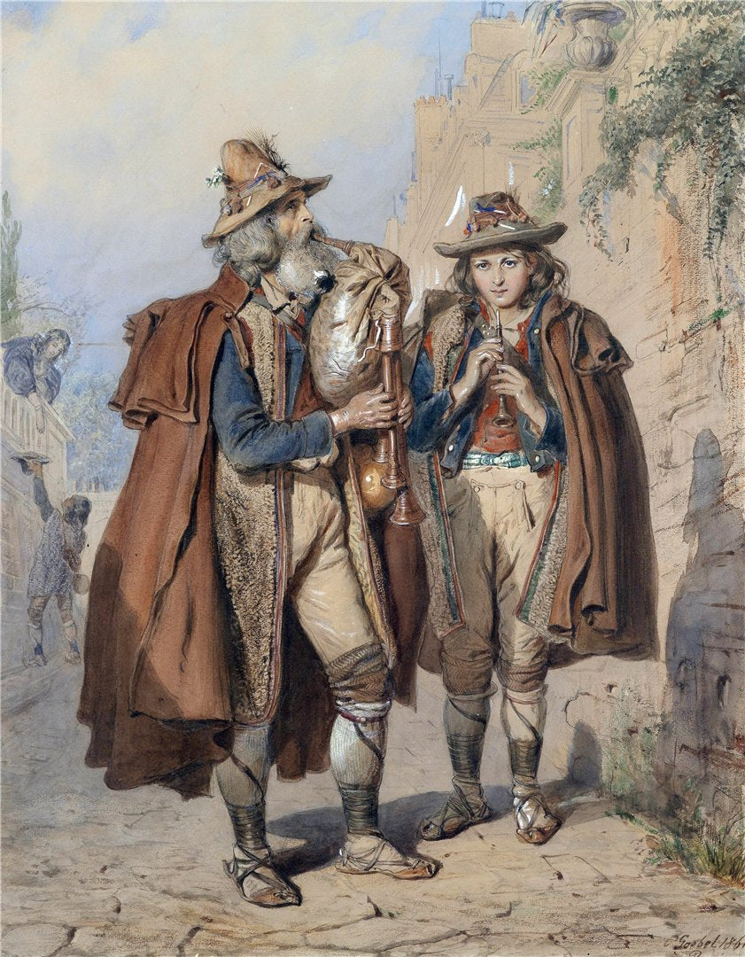 Bagpiper and Flute Player, vintage artwork by Carl Goebel, 12x8" (A4) Poster