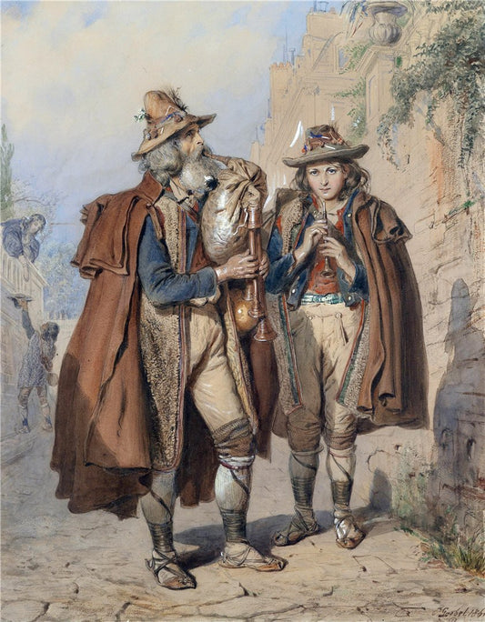 Bagpiper and Flute Player, vintage artwork by Carl Goebel, 12x8" (A4) Poster