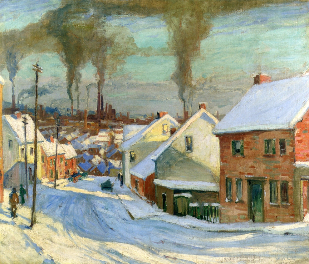 American Factory Town, Winter, vintage artwork by Jonas Lie, 12x8" (A4) Poster