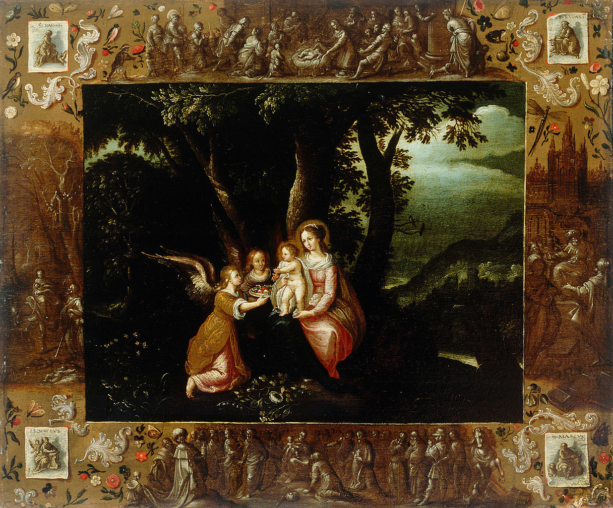 Madonna and Child Served by  Two Angels, vintage artwork by Frans Francken the Younger, 12x8" (A4) Poster