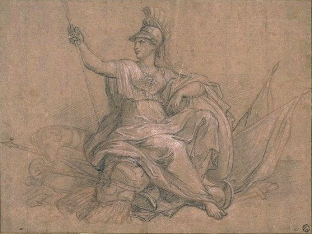 Bellona Seated on a Trophy, vintage artwork by Antoine Coypel II, 12x8" (A4) Poster