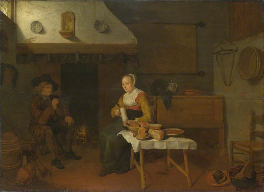 An Interior with a Man and a Woman Seated by  the Fire, vintage artwork by Quiringh van Brekelenkam, 12x8" (A4) Poster