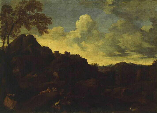 Landscape with a Sunset, vintage artwork by Attributed to Gaspard Dughet, 12x8" (A4) Poster