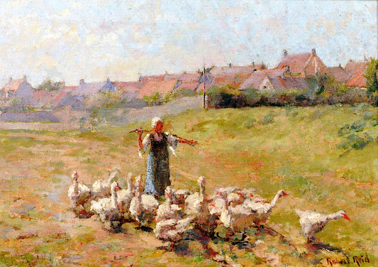 Peasant Girl with Geese, vintage artwork by Robert Lewis Reid, 12x8" (A4) Poster