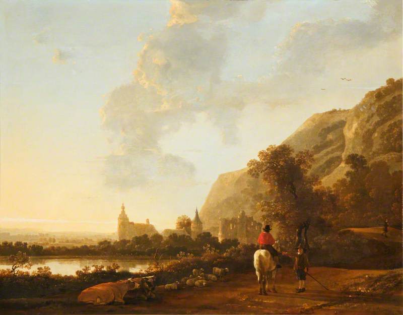A River landscape with a Horseman on a Road, vintage artwork by Aelbert Cuyp, 12x8" (A4) Poster