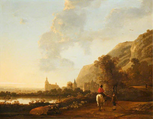 A River landscape with a Horseman on a Road, vintage artwork by Aelbert Cuyp, 12x8" (A4) Poster