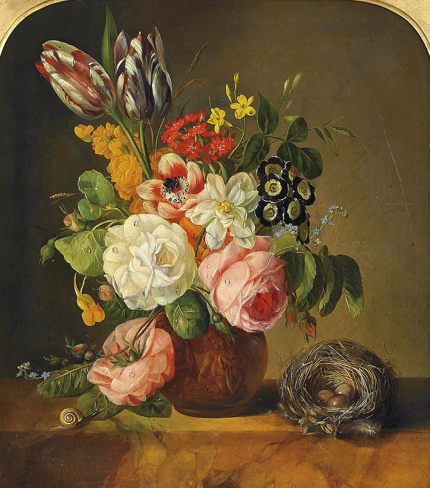 Flowers in a terracota vase with a bird's nest, vintage artwork by Franz Xavier Petter, A3 (16x12") Poster Print