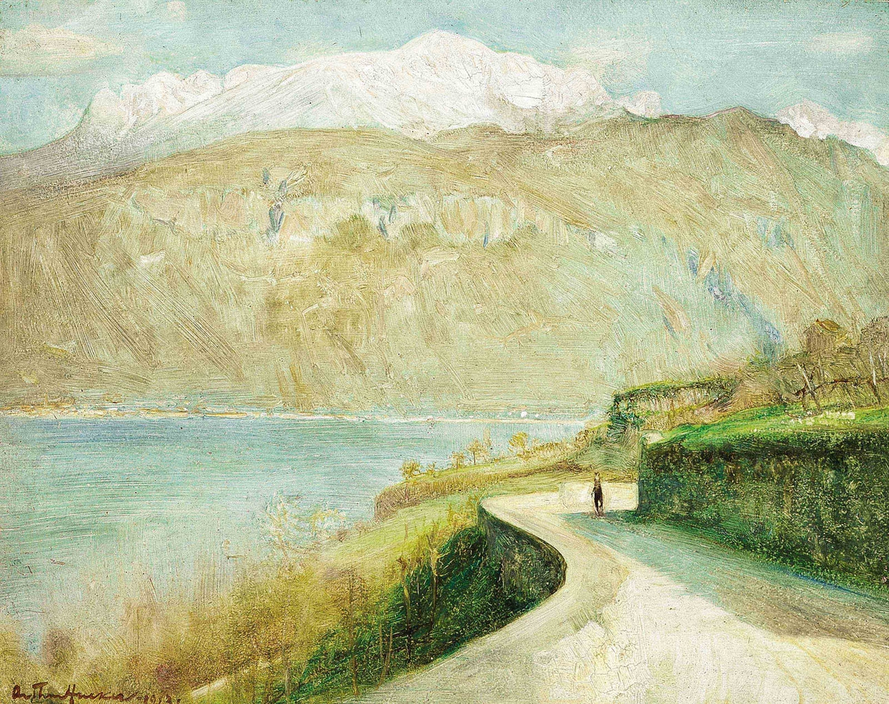 Figure walking on the shore, Lake Como, Italy, vintage artwork by Arthur Hacker, 12x8" (A4) Poster