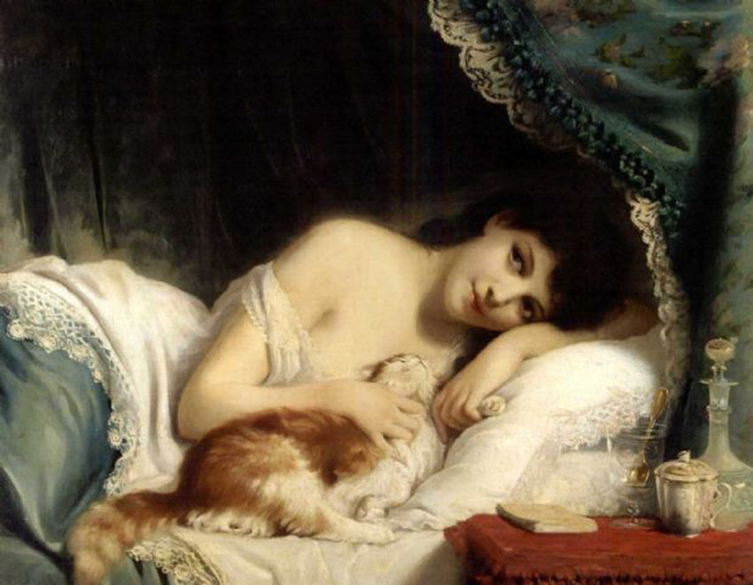 A Reclining Beauty With Cat, vintage artwork by Fritz Zuber-Buhler, 12x8" (A4) Poster