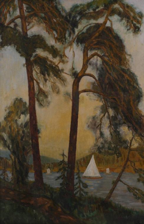 Coastal Landscape with Pine Trees and Sailboat, vintage artwork by Thorolf Holmboe, 12x8" (A4) Poster