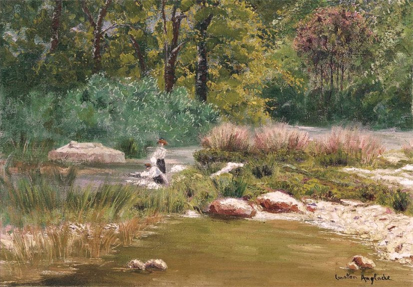 Washerwomen on the riverbank, vintage artwork by Gaston Vincent Anglade, 12x8" (A4) Poster