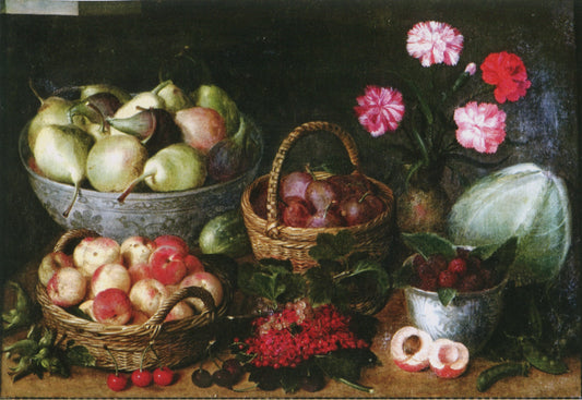 Früchtekörbe, Früchteschale, Porzellankumme, Blumenvase und Gemüse, vintage artwork by Isaak Soreau, 12x8" (A4) Poster