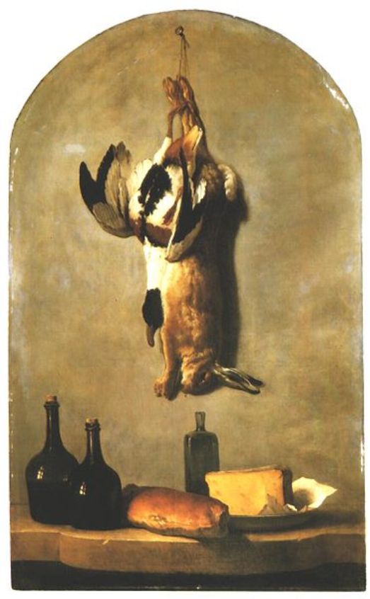 Still Life: Hare, Duck, Loaf of Bread, Cheese and Flasks of Wine, vintage artwork by Jean-Baptiste Oudry, 12x8" (A4) Poster