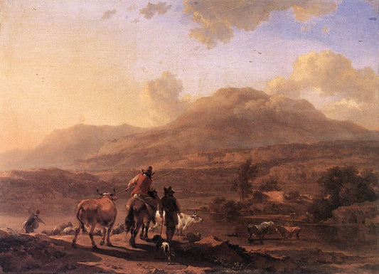 Italian Landscape at Sunset, vintage artwork by Nicolaes Berchem, 12x8" (A4) Poster