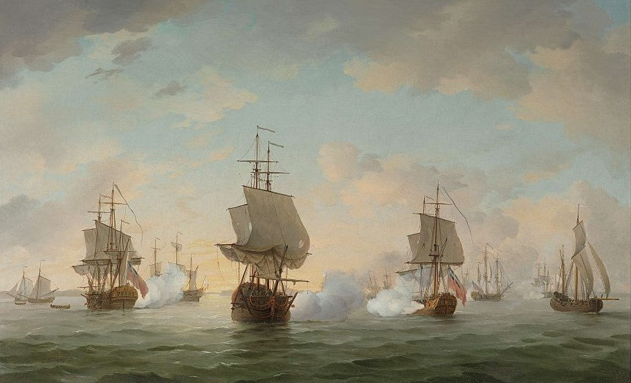 A Merchant Snow, two of the King's Ships-of-War, a Lugger and a Cutter in the Channel, vintage artwork by Charles Brooking, 12x8" (A4) Poster