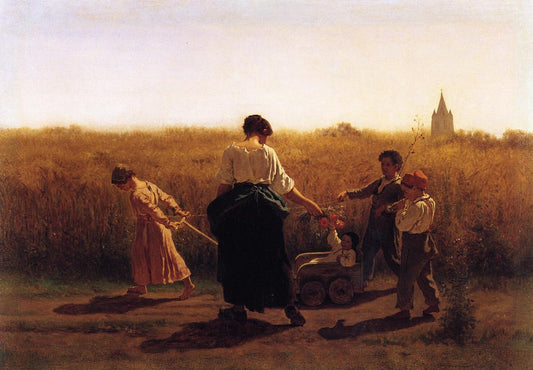 Copy after Jules Breton's 'Le Depart les Champs', vintage artwork by Eastman Johnson, 12x8" (A4) Poster