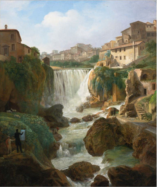 A View Of The Cascades At Tivoli With An Artist Sketching And Other Figures, vintage artwork by Simon Denis, 12x8" (A4) Poster