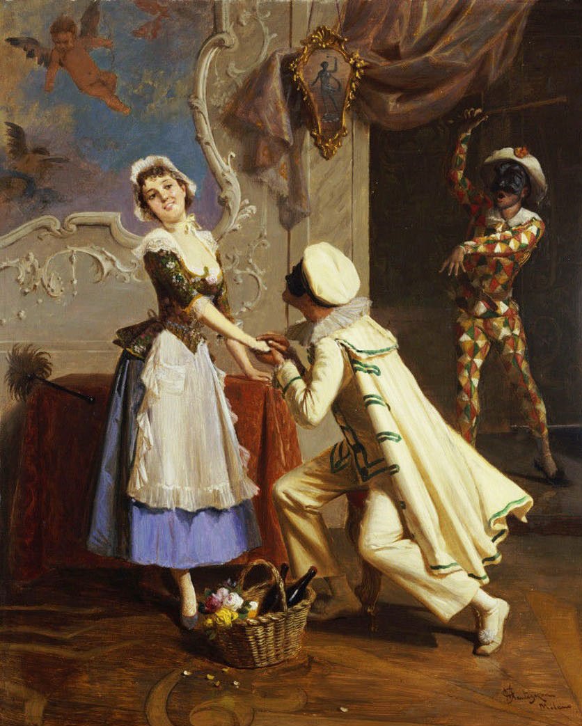 Pierrot and Colombine, vintage artwork by Giacomo Mantegazza, 12x8" (A4) Poster