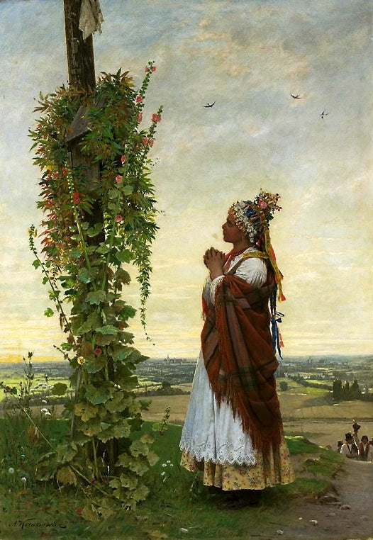 Peasant girl before a shrine, vintage artwork by Anton Kozakiewicz, 12x8" (A4) Poster