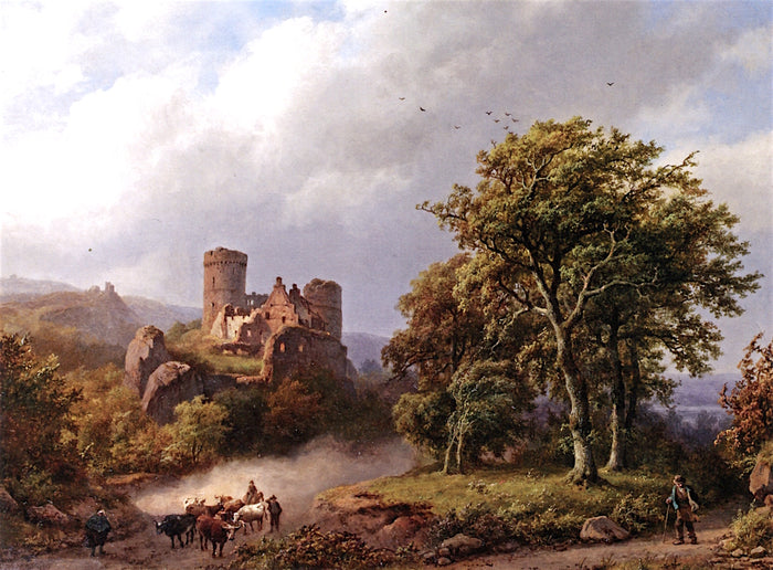 Figures and Cattle on a Path in a Wooded Landscape with a Castle Ruin beyond, vintage artwork by Barend Cornelis Koekkoek, A3 (16x12