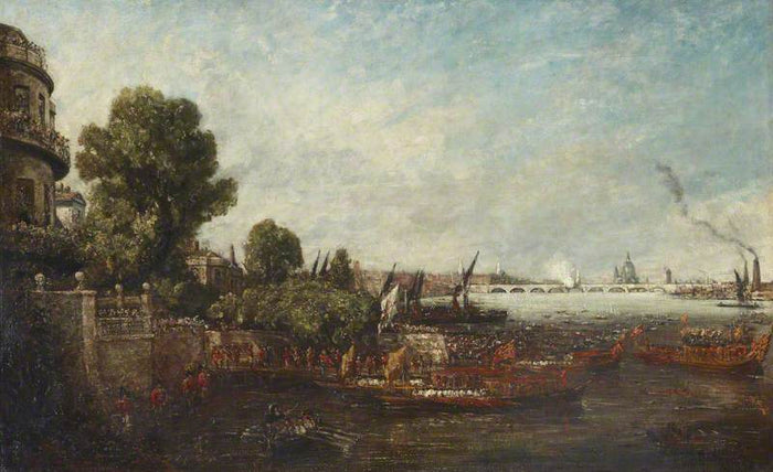 The Embarkation of George IV from Whitehall:  The Opening of Waterloo Bridge, 1817, vintage artwork by John Constable, 12x8