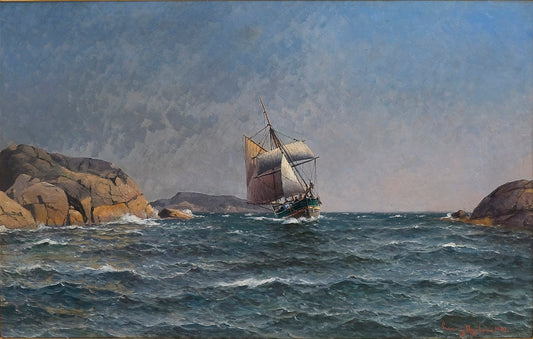 Sailing ship at the rocky coast, vintage artwork by Lauritz Haaland, 12x8" (A4) Poster