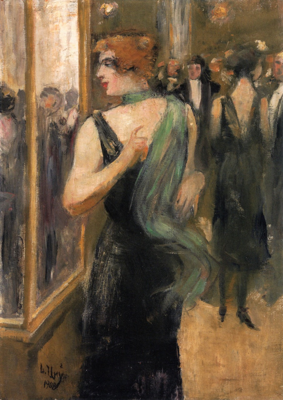 dy in a Black Evening Dress with a Green Scarf by Lesser Ury,A3(16x12")Poster