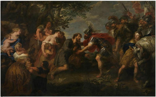 Jacob and Esau are Reconciled, vintage artwork by Jan van den Hoecke, 12x8" (A4) Poster