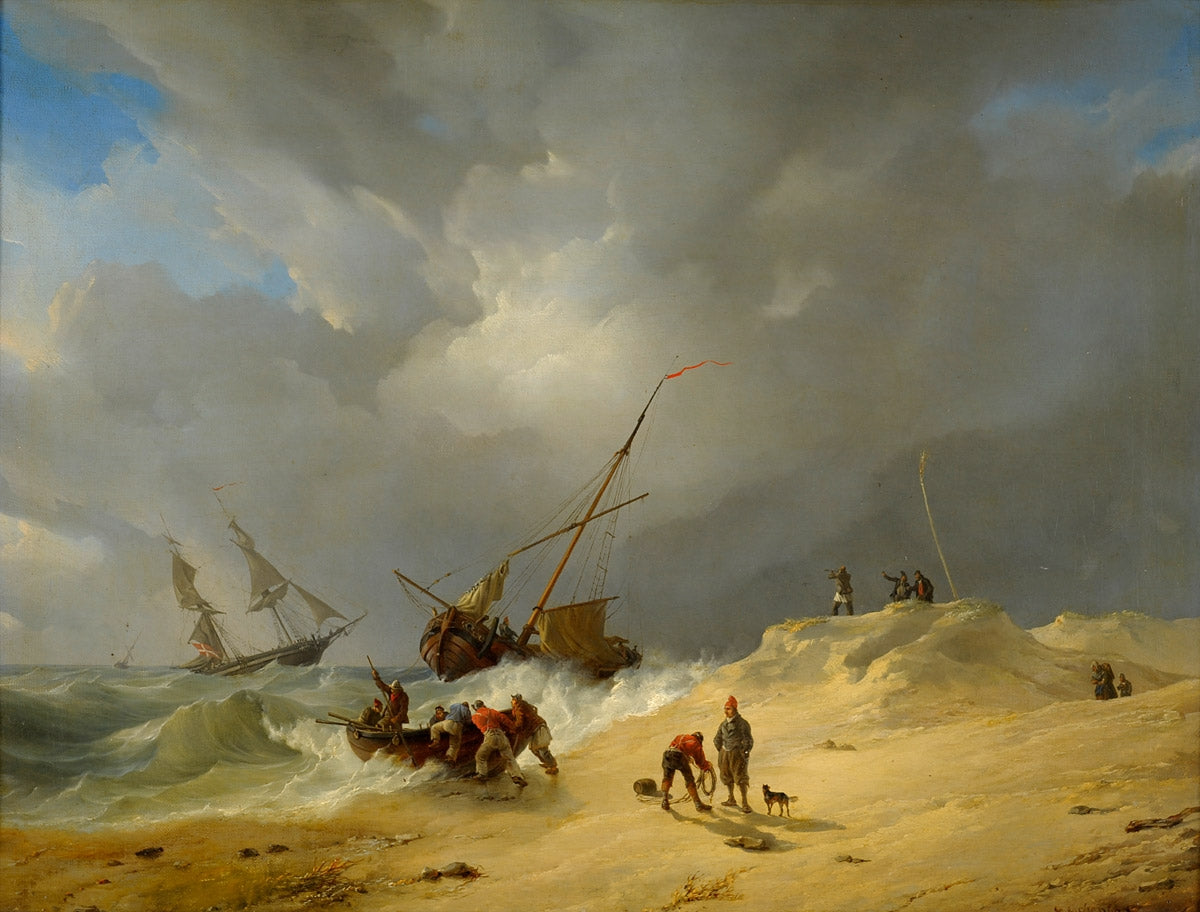 Coastal Scene with Fishing Boat, vintage artwork by Andreas Achenbach, A3 (16x12") Poster Print