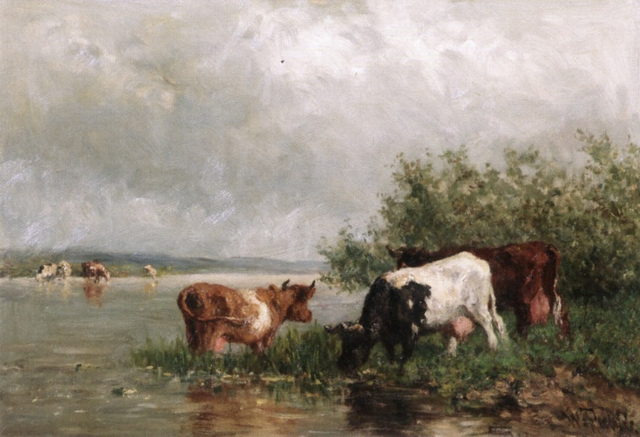 Watering Cows, vintage artwork by Willem Roelofs, 12x8" (A4) Poster
