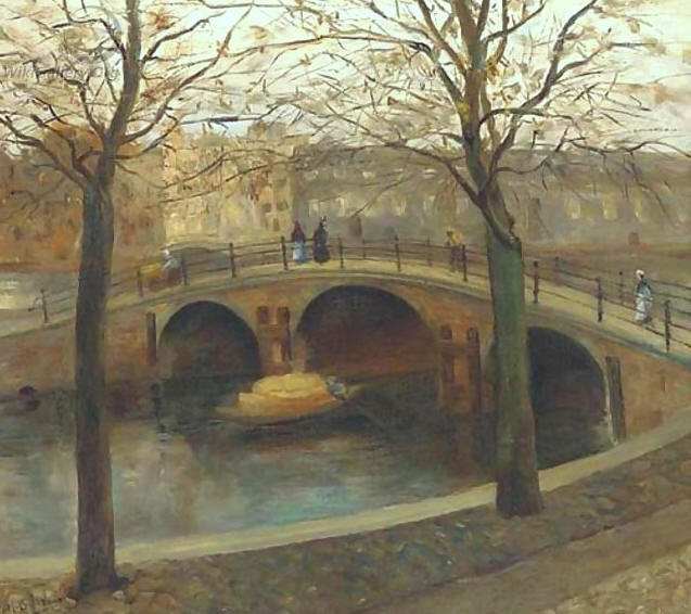 Figuress walking across a Bridge over a Dutch Canal, vintage artwork by George Hendrik Breitner, 12x8" (A4) Poster
