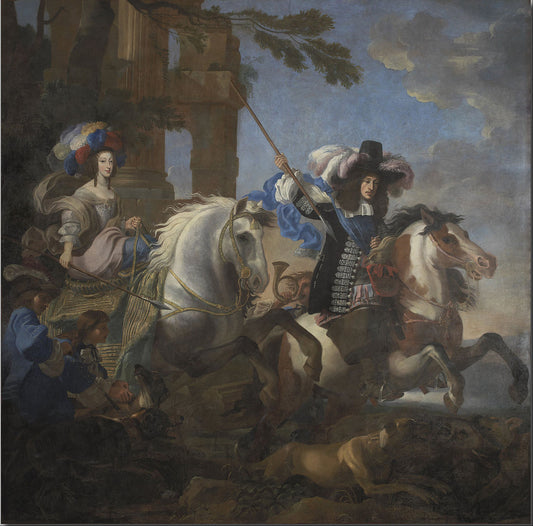 Henriette Adelaide of Savoy and Ferdinand of Bavaria on Horseback, vintage artwork by Jan Miel, 12x8" (A4) Poster