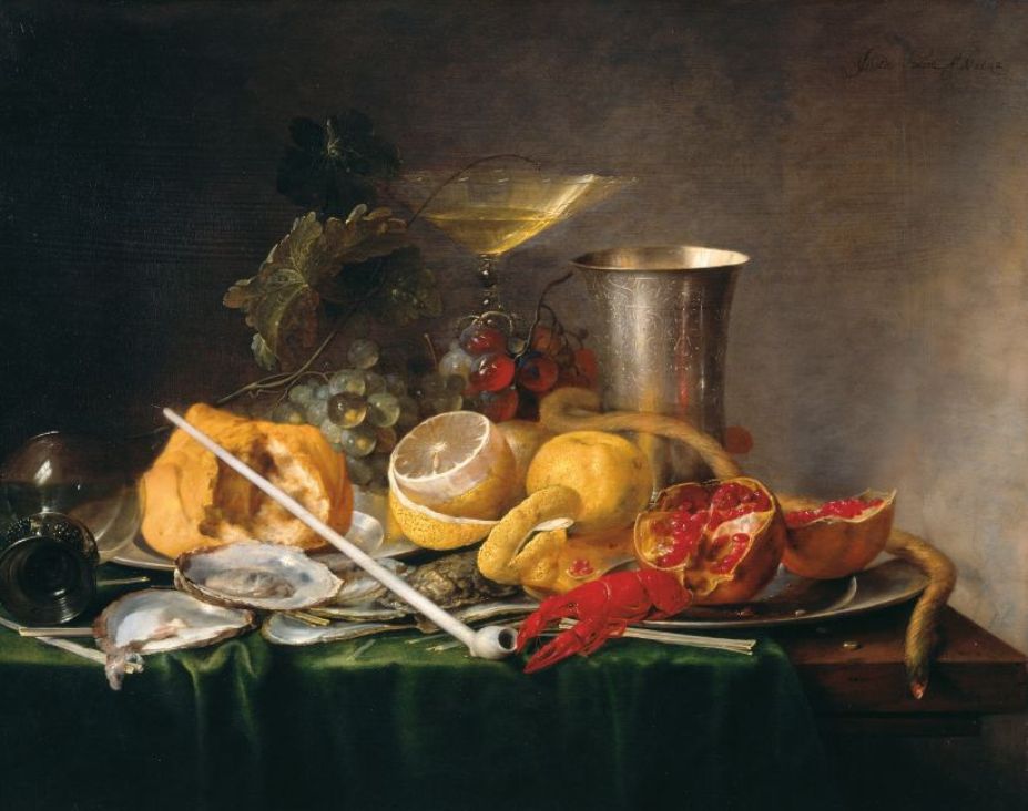 Still Life of Breakfast with Champaign Glass, Fruits and a Pipe, vintage artwork by Jan Davidsz. de Heem, 12x8" (A4) Poster