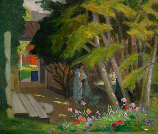 Garden with a woman, vintage artwork by Georg Pauli, 12x8" (A4) Poster