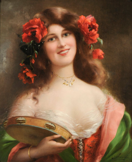 Tambourine Girl, vintage artwork by Emile Vernon, 12x8" (A4) Poster